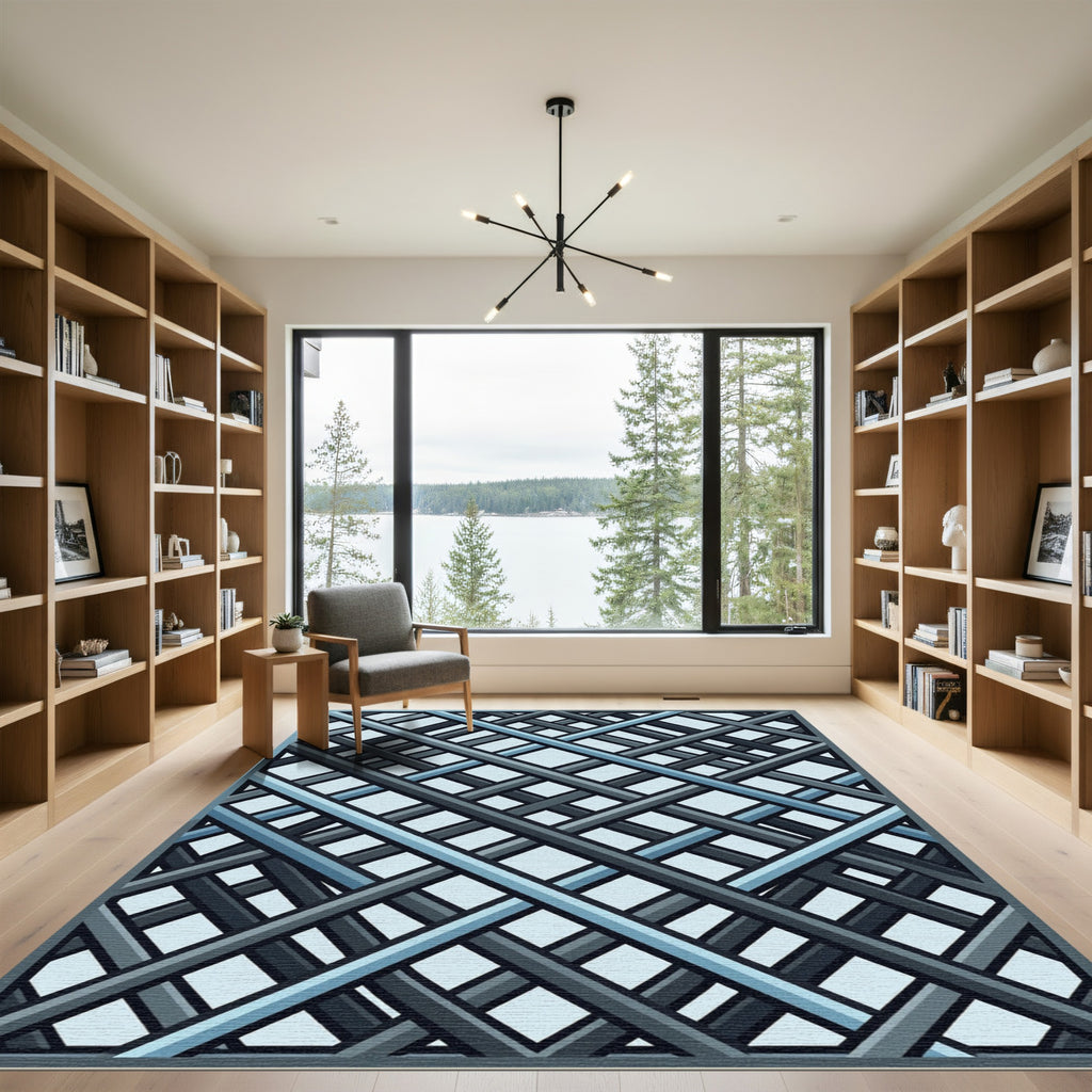Modern Slate Blue Geometric Plaid Linear Rug