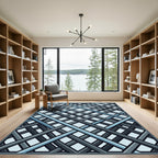 Modern Slate Blue Geometric Plaid Linear Rug