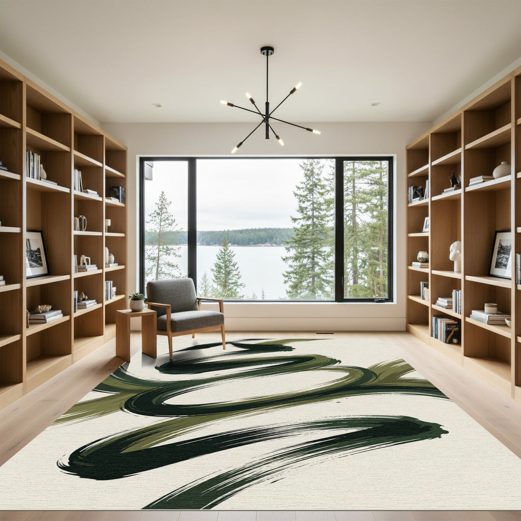 Modern Olive Green Abstract Swirl Rug