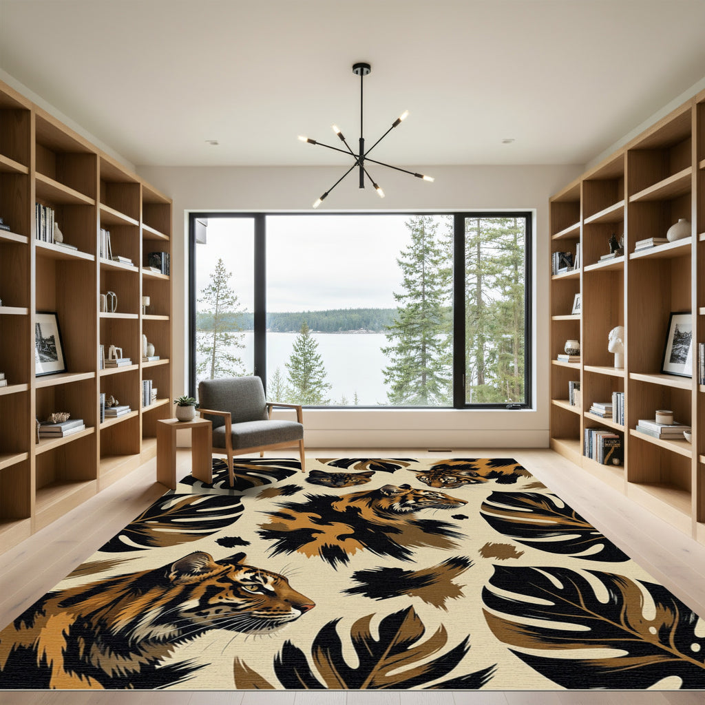 Earthy Tiger Jungle Leaf Art Rug