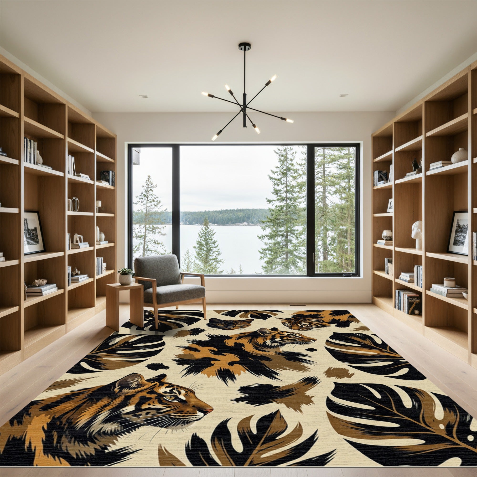 Earthy Tiger Jungle Leaf Art Rug