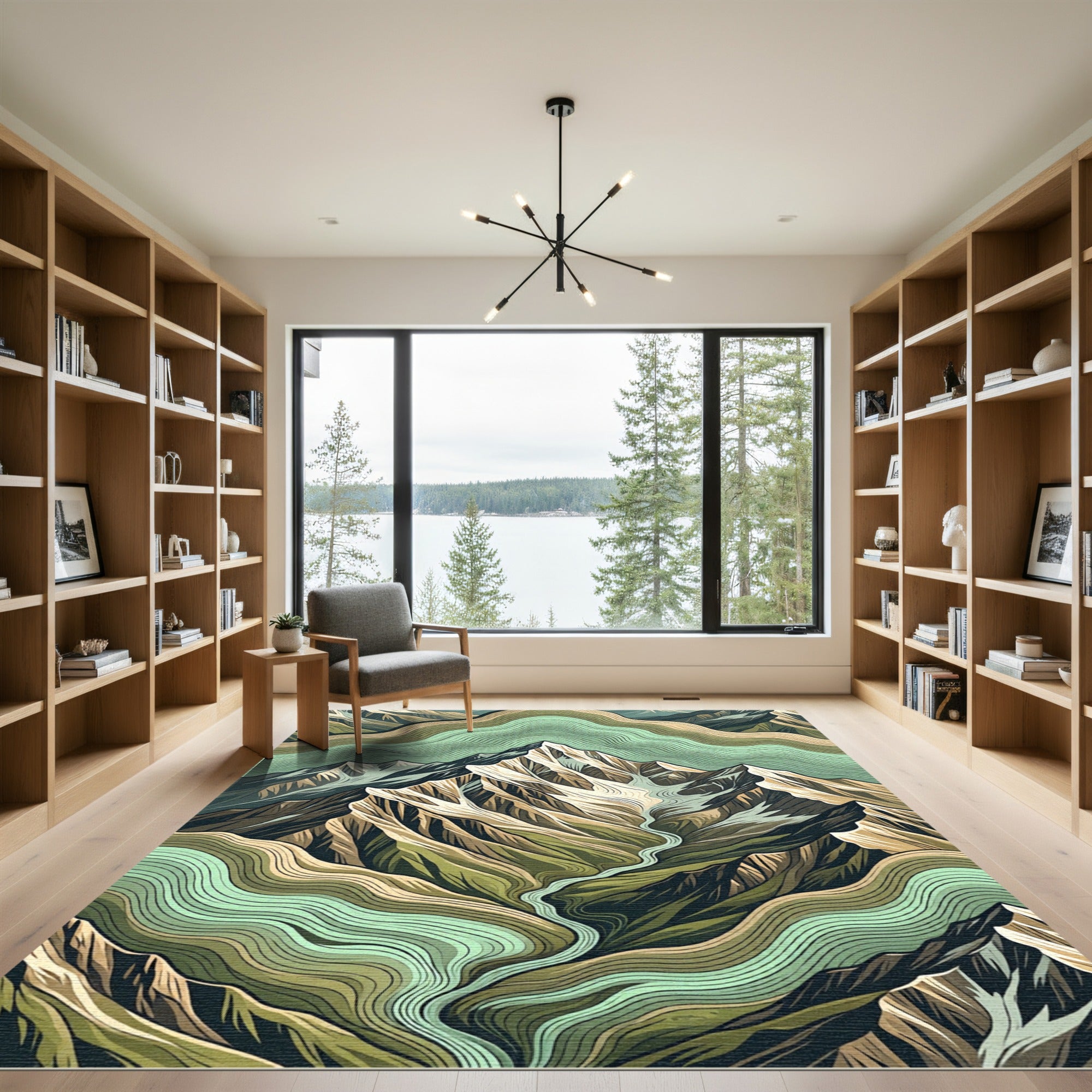 Earthy Green Tiered Mountain Line Art Rug