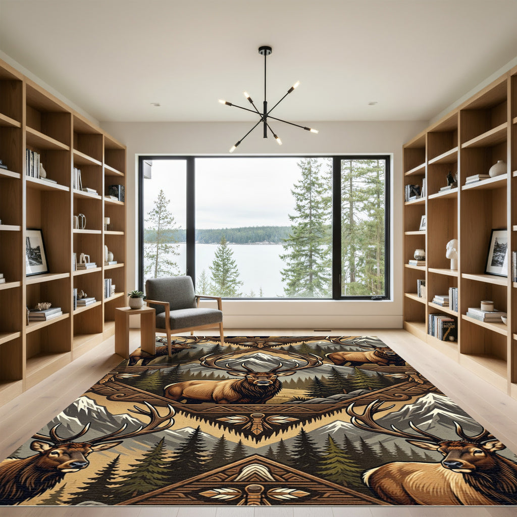 Rustic Elk Mountain Geometric Earthy Tapestry Rug
