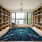 Neon Blue Circuitry Tech Grid Rug