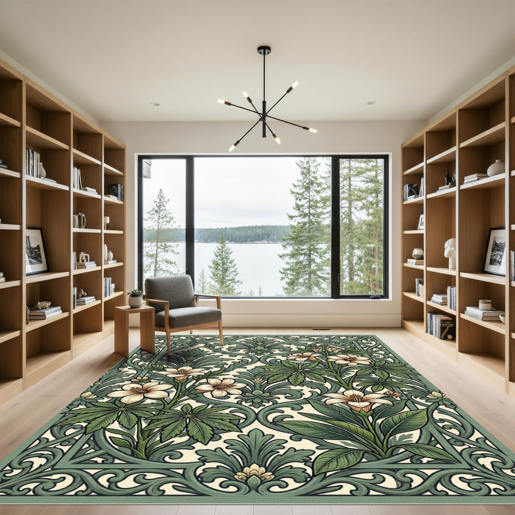 Sage Green Floral Lily Scrollwork Rug