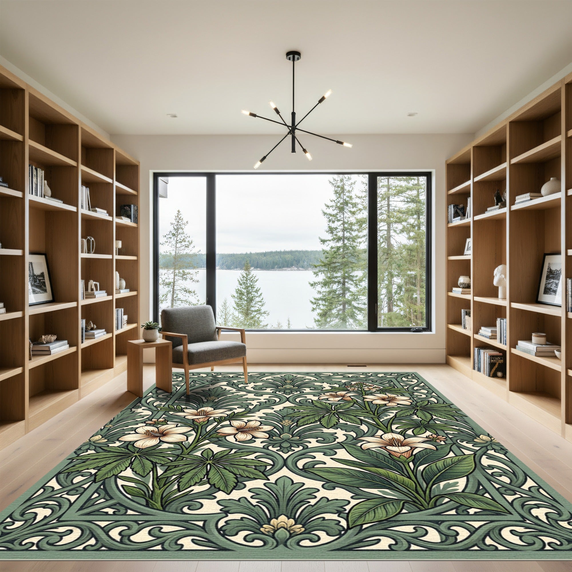 Sage Green Floral Lily Scrollwork Rug