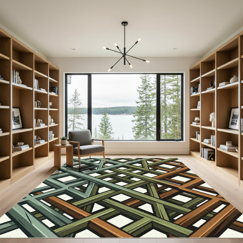 Geometric Copper and Sage Interlaced Lattice Rug