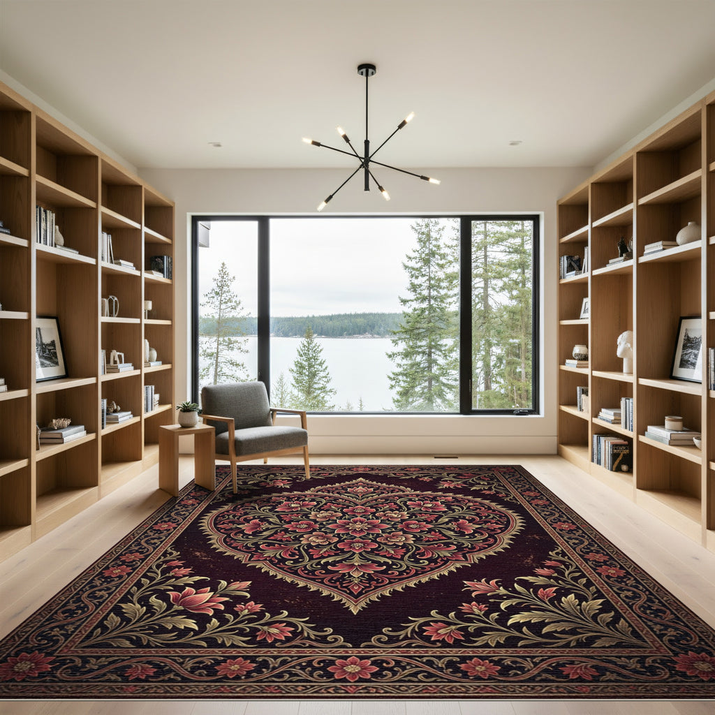Deep Burgundy Floral Heart Medallion Rug