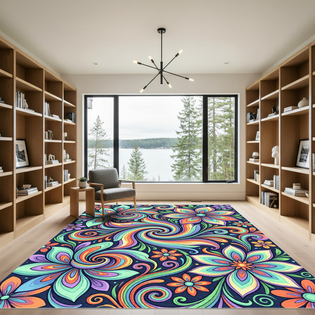 Vibrant Retro Floral Psychedelic Swirl Rug
