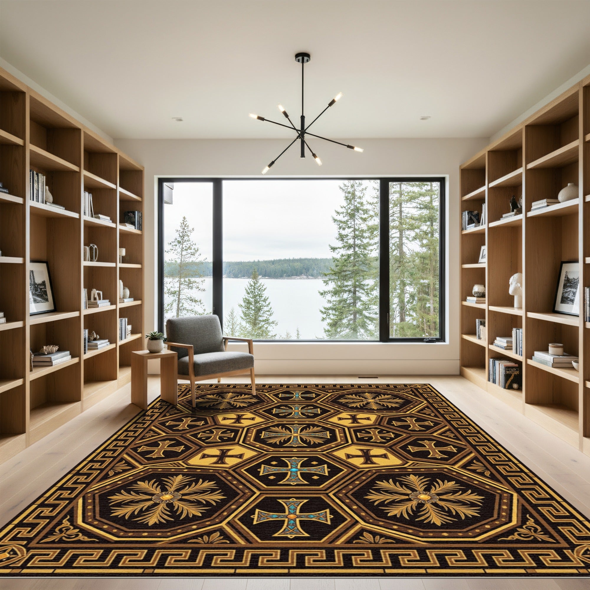 Golden Teal Cross Hexagon Medallion Rug