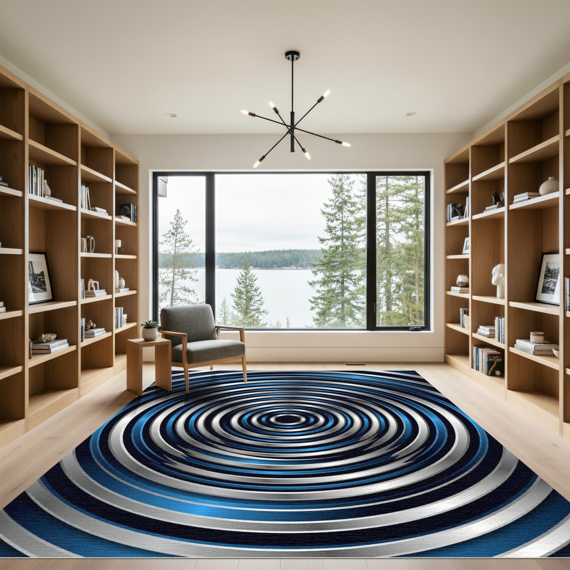 Metallic Blue Concentric Rings Rug