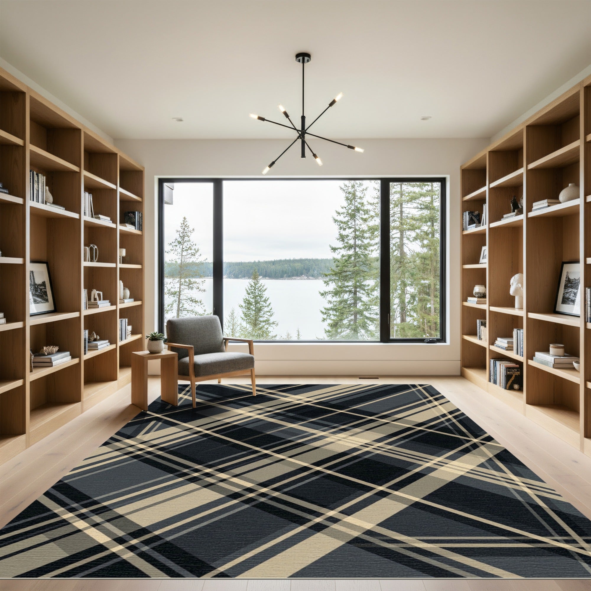 Charcoal and Beige Diagonal Plaid Rug