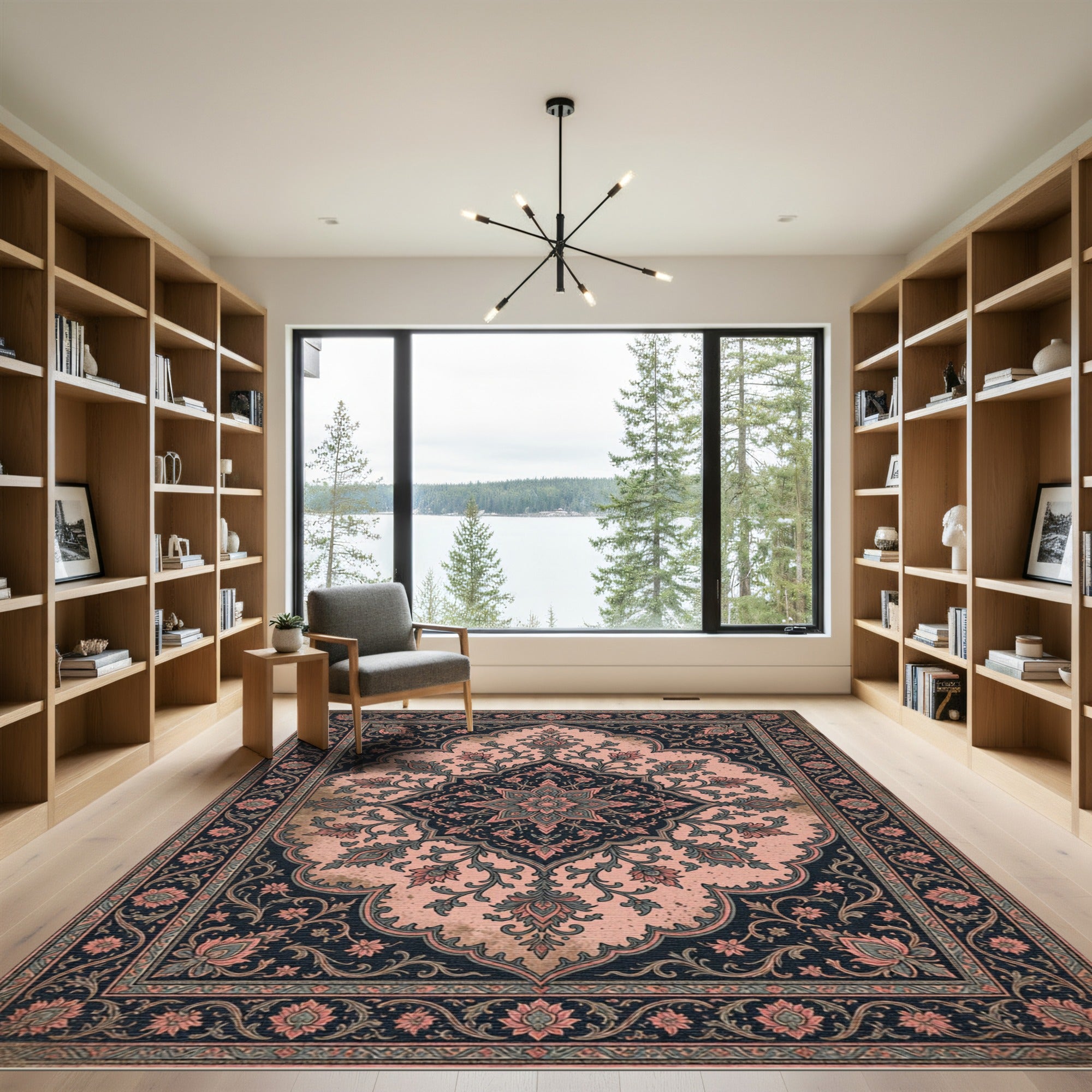 Elegant Pink and Charcoal Floral Medallion Rug