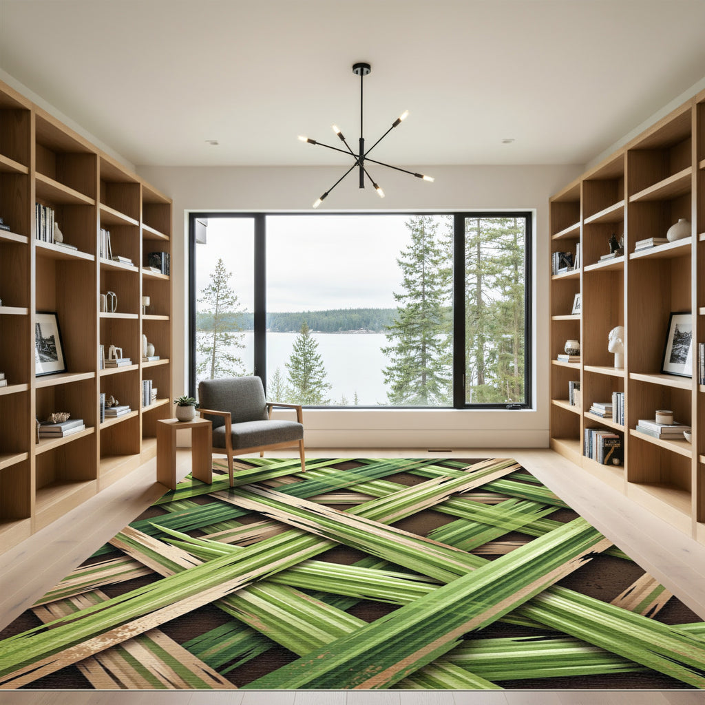 Woven Green Bamboo Lattice Artwork Rug