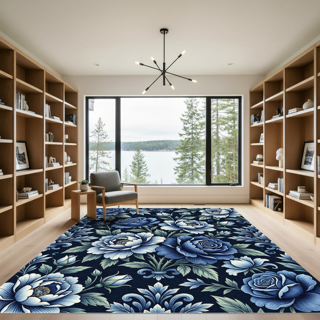 Deep Blue Floral Garden Arrangement Rug