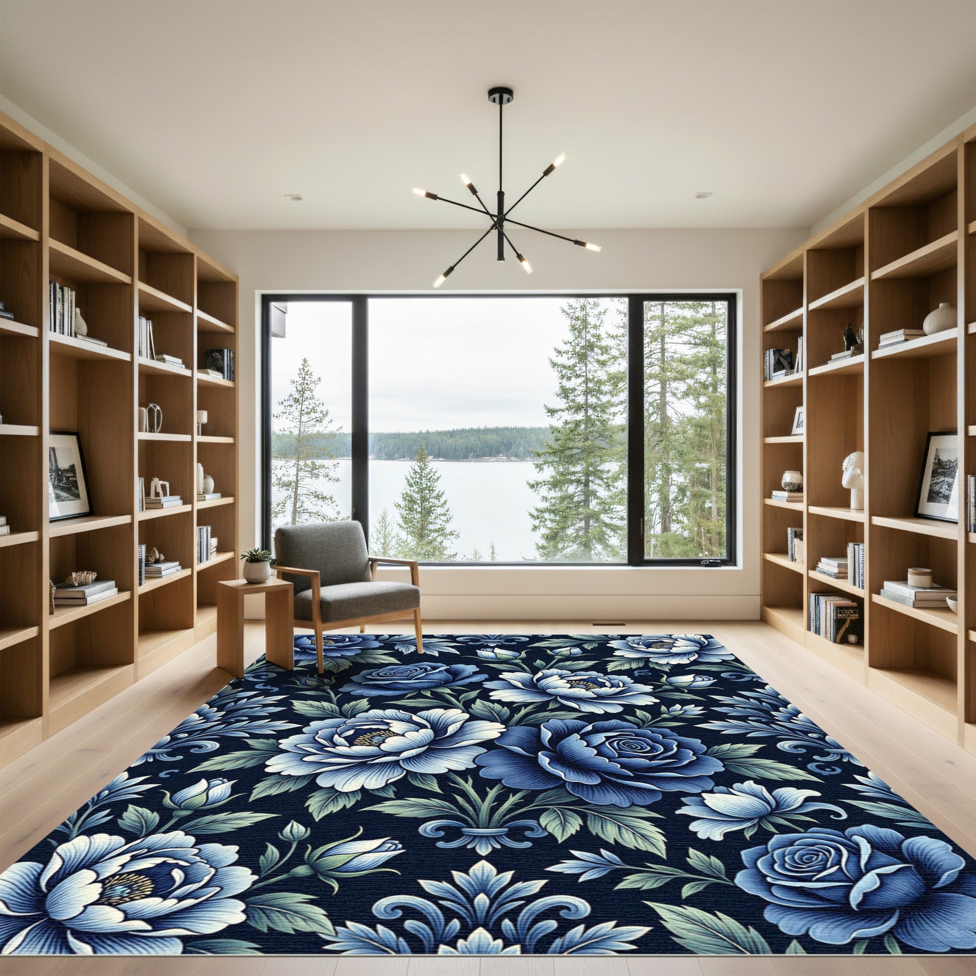 Deep Blue Floral Garden Arrangement Rug