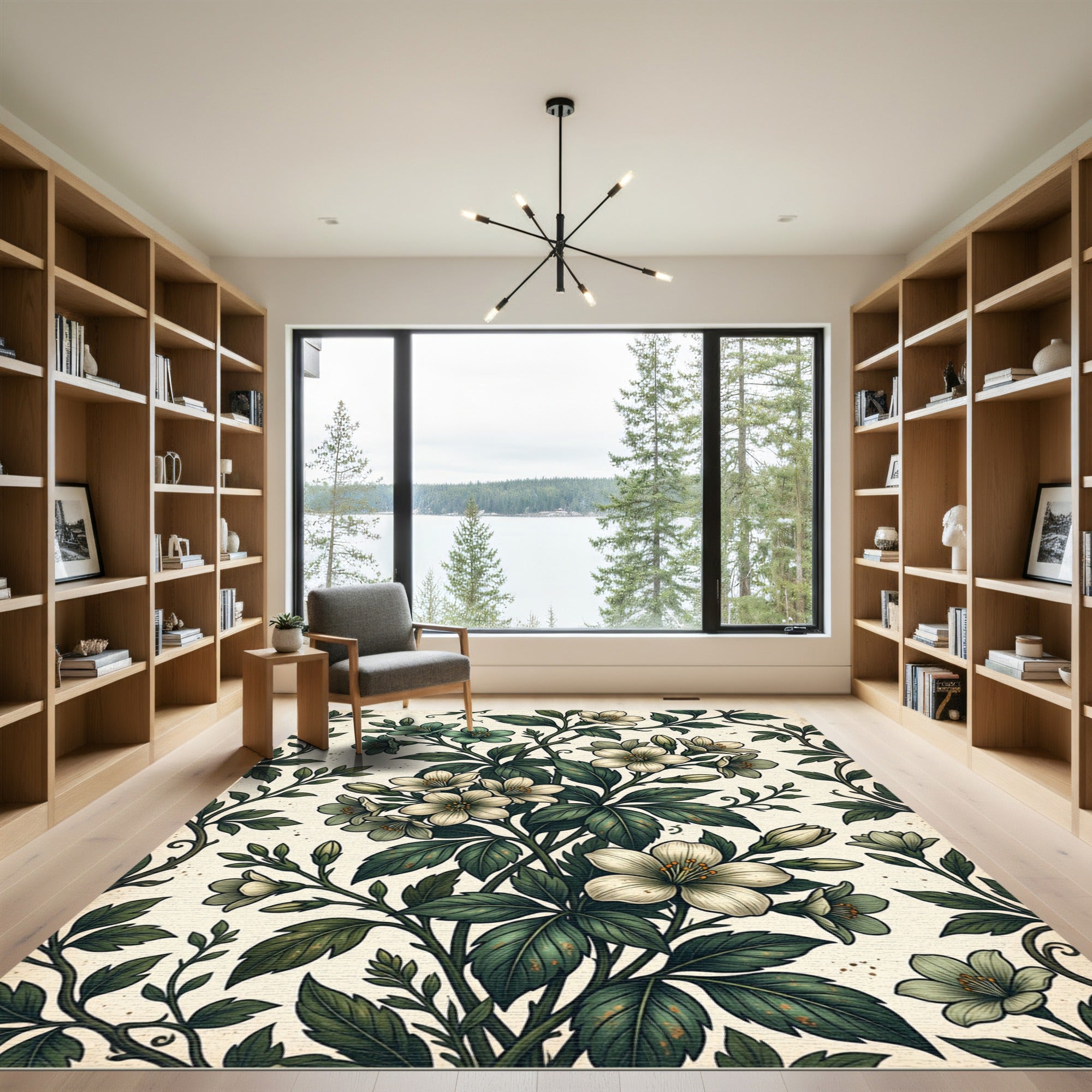 Cream and Teal Floral Vine Branches Rug