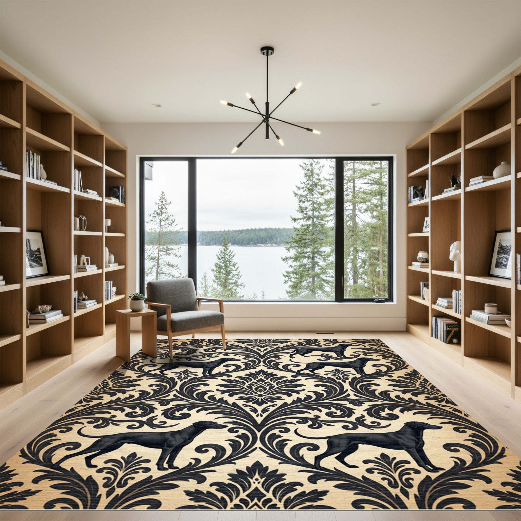 Black Labrador Damask Scroll Wallpaper Rug