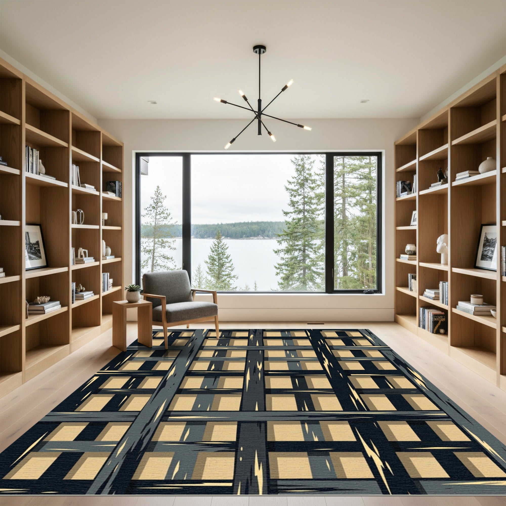 Dark Grey Woven Square Grid Rug