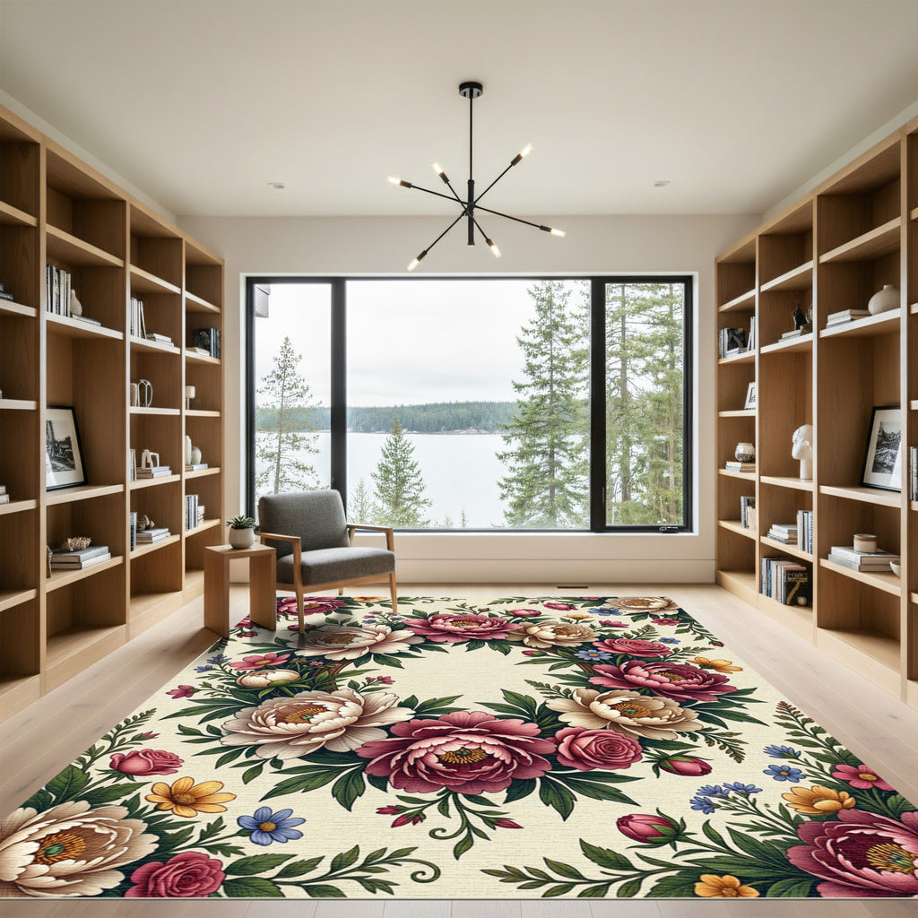 Floral Peony Wreath Cream Circular Frame Rug