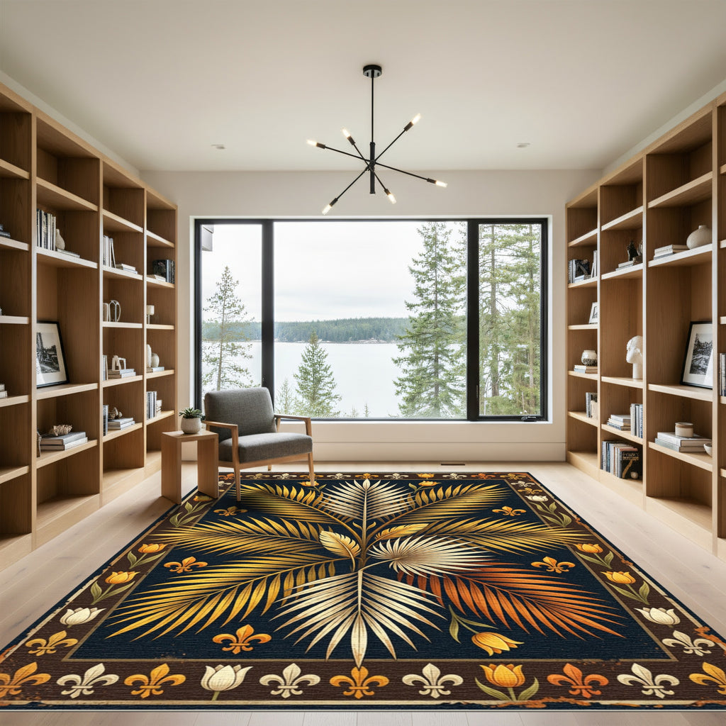 Golden Tropical Palm Fleur-de-lis Art Rug