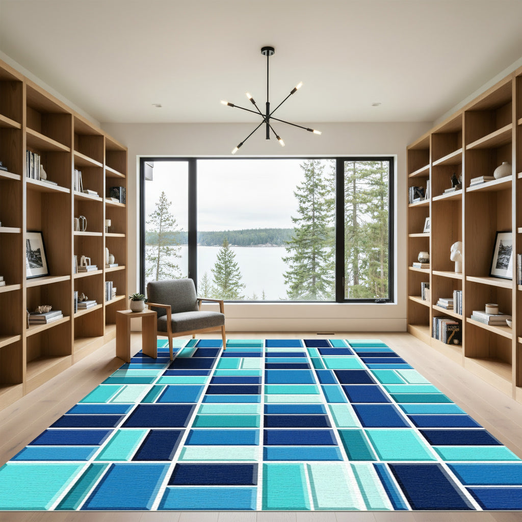 Modern Mosaic Block Azure Geometric Rug