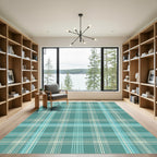 Teal and Cream Plaid Check Grid Rug