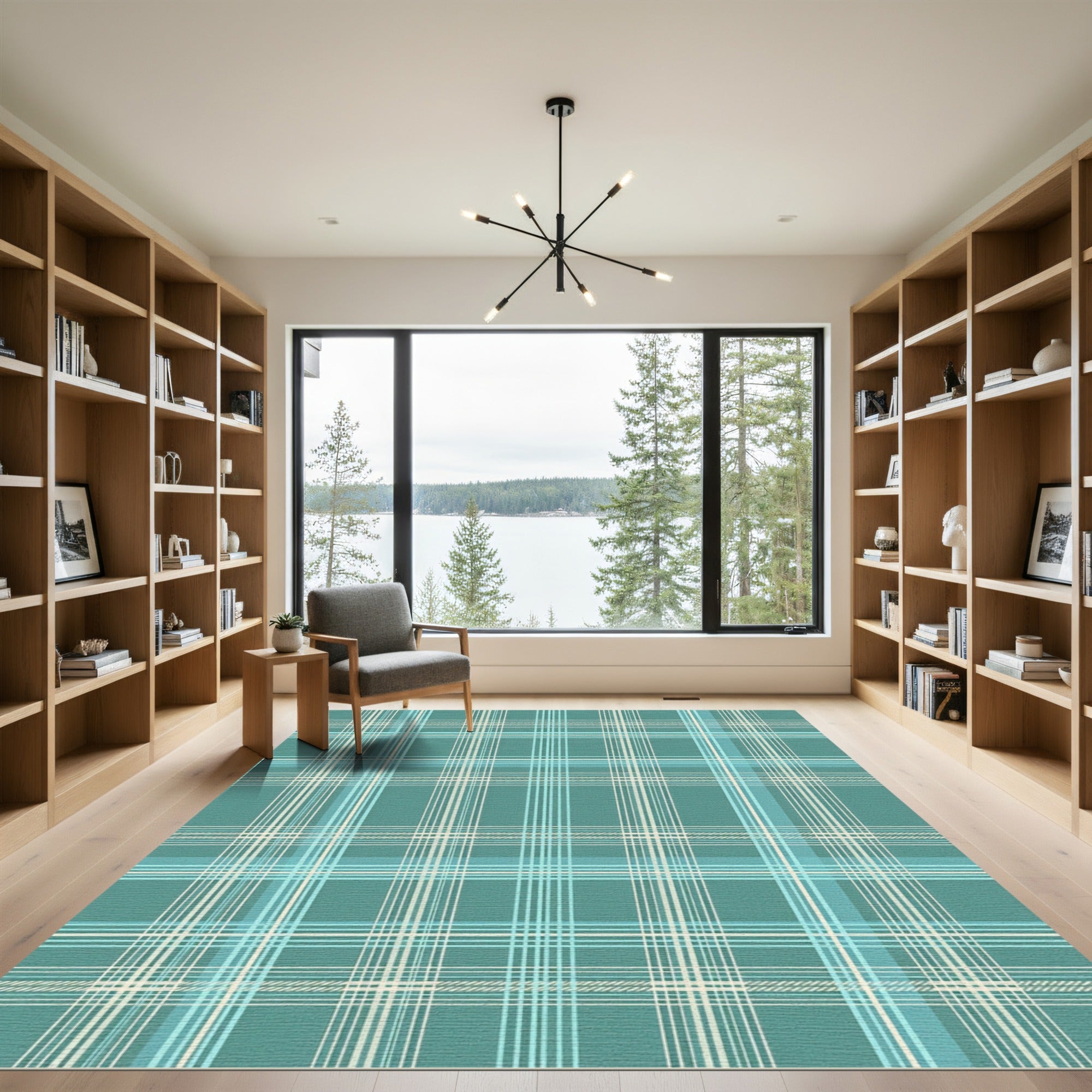 Teal and Cream Plaid Check Grid Rug