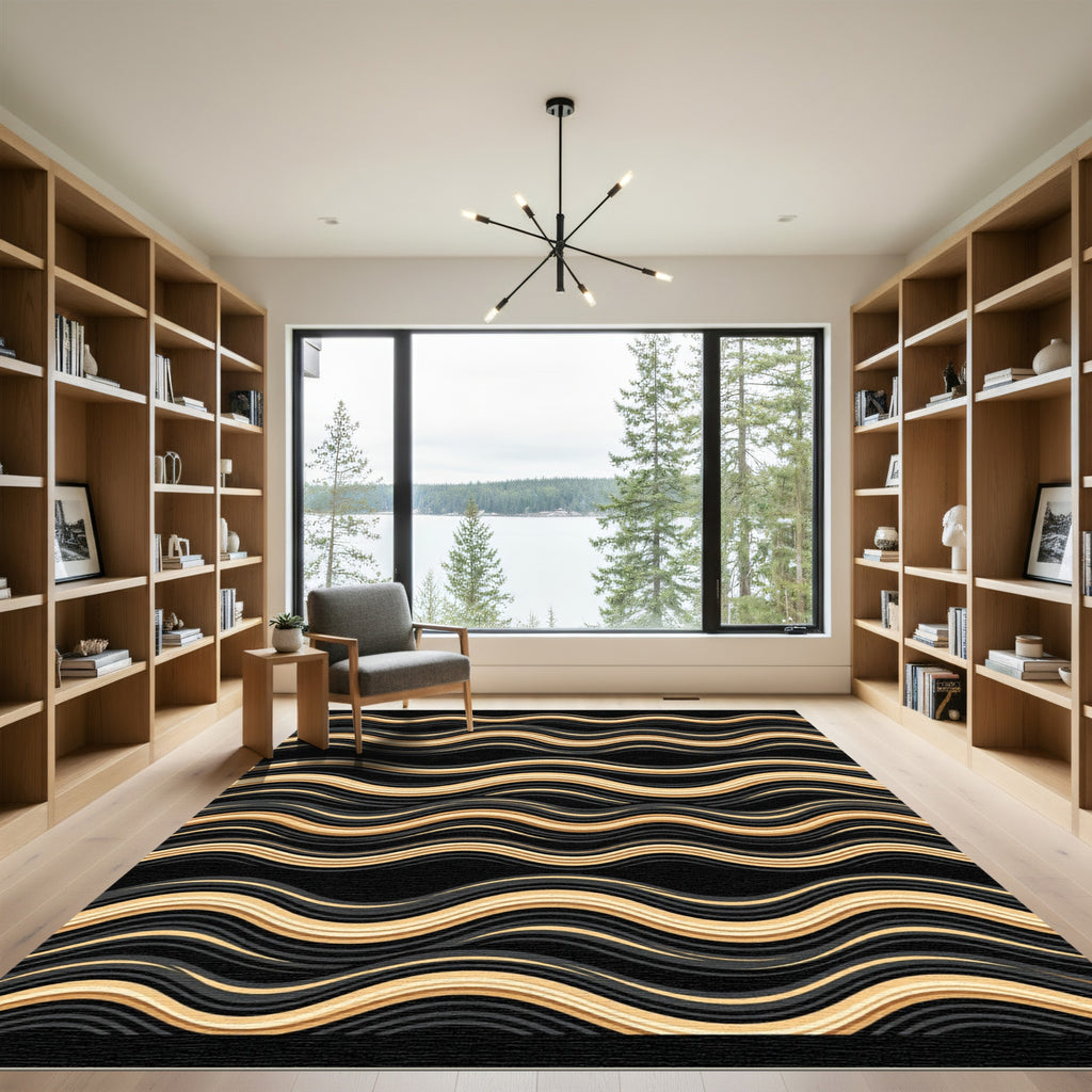 Golden Black Wavy Stripe Rug