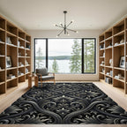 Elegant Black and Silver Damask Scroll Rug