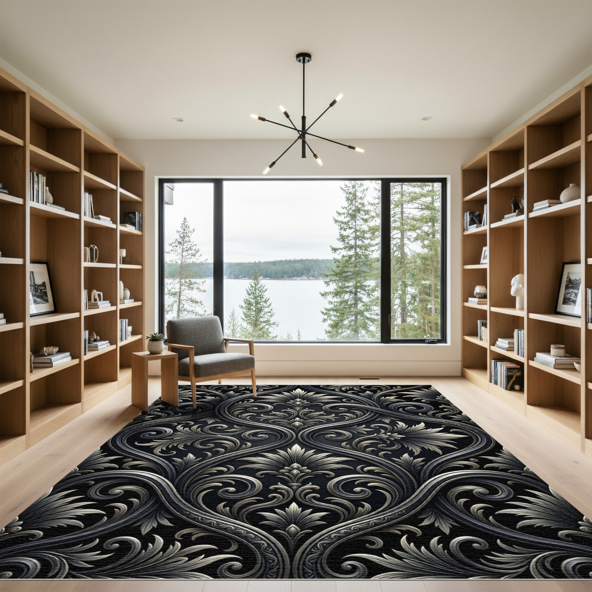 Elegant Black and Silver Damask Scroll Rug