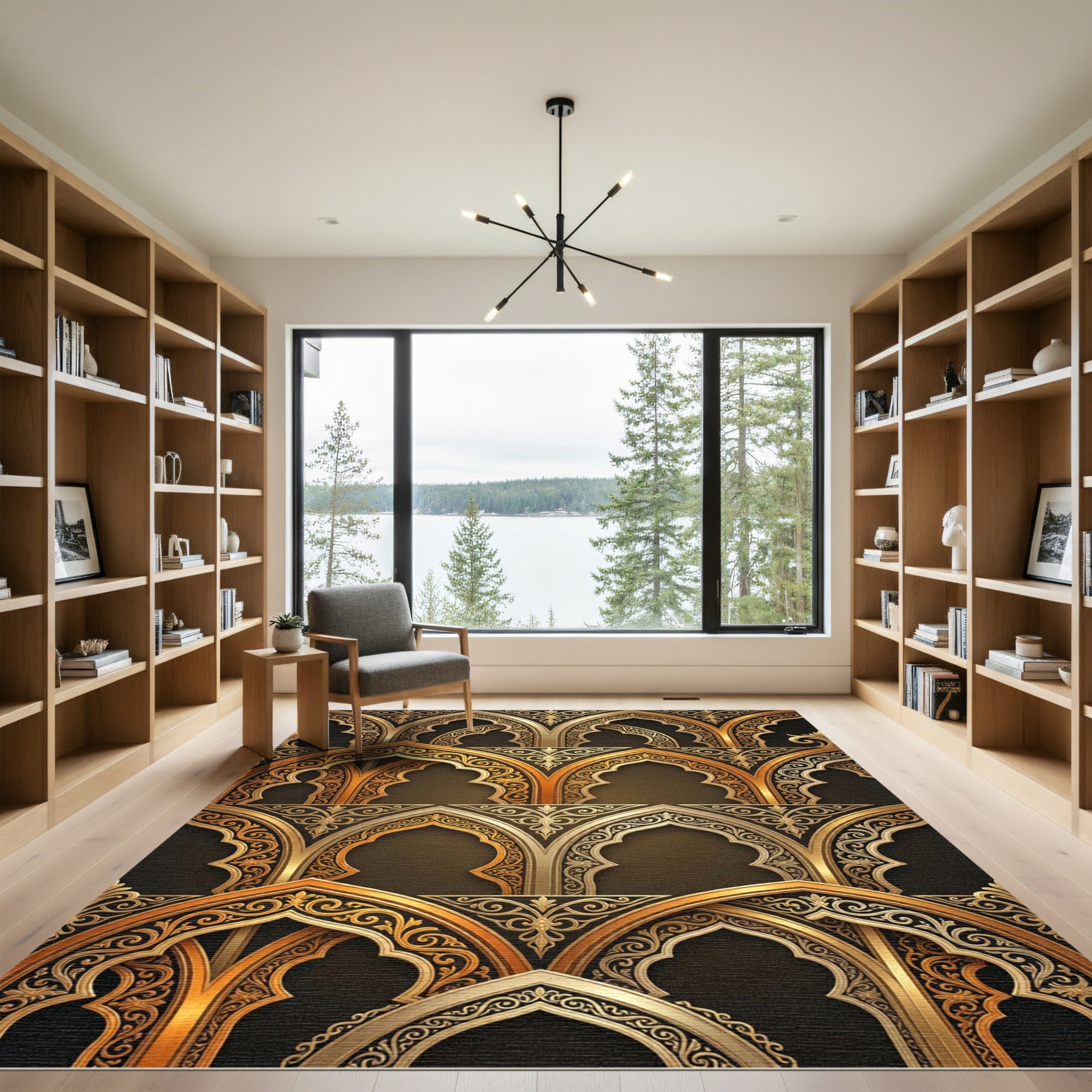 Ornate Arch Gold Metallic Scrollwork Rug