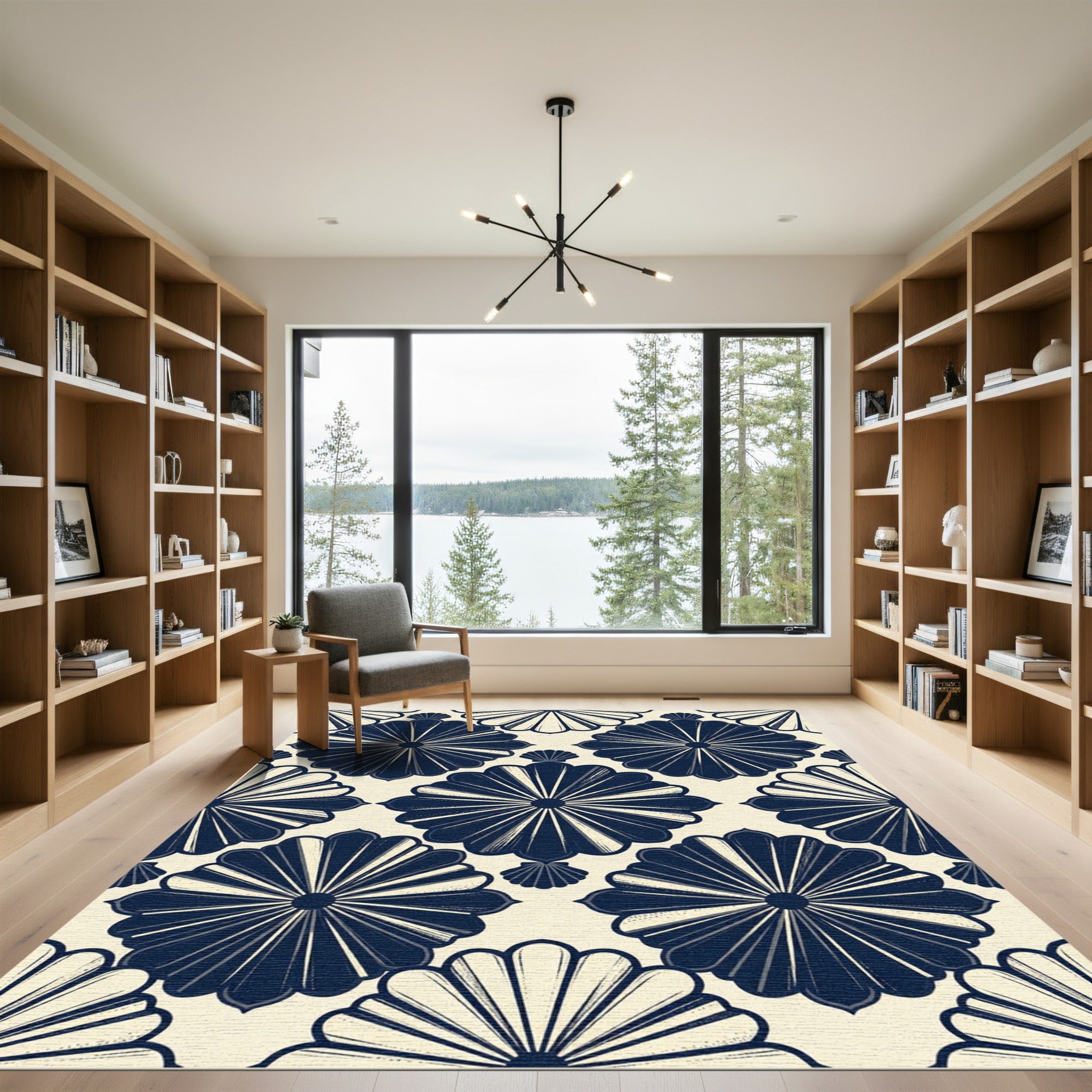 Navy Blue Geometric Fan Medallion Rug