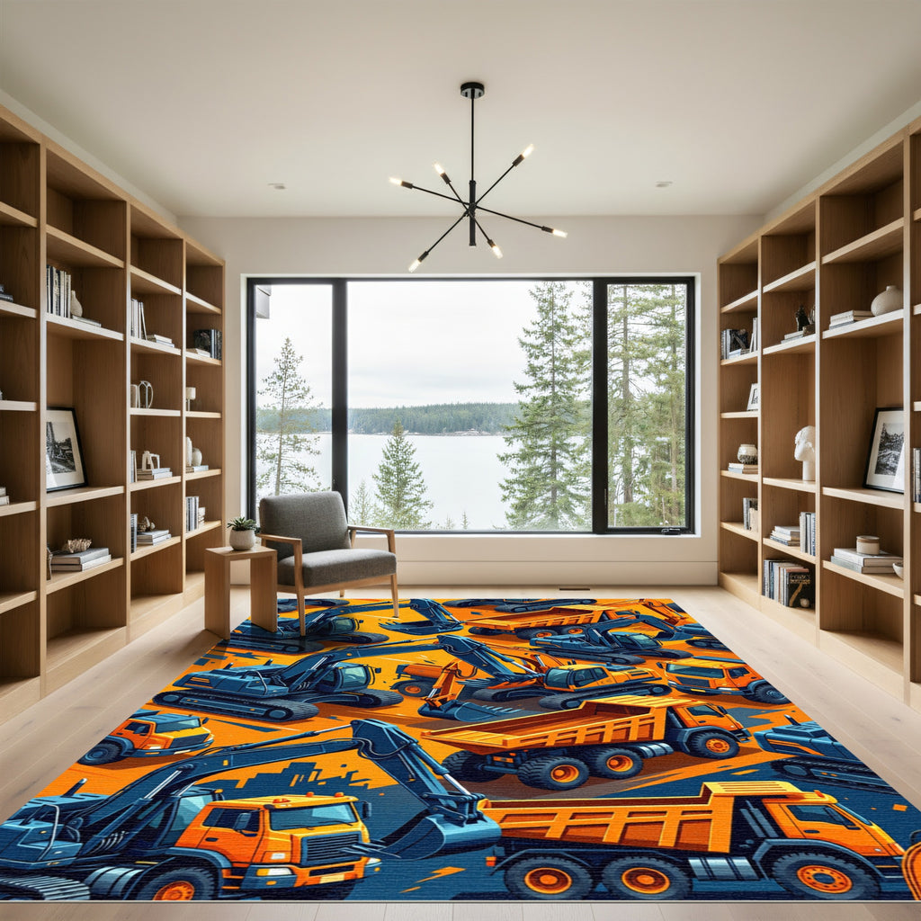 Vibrant Isometric Construction Vehicle Graphic Rug