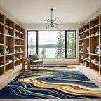 Abstract Blue Gold Wavy Coastal Landscape Rug
