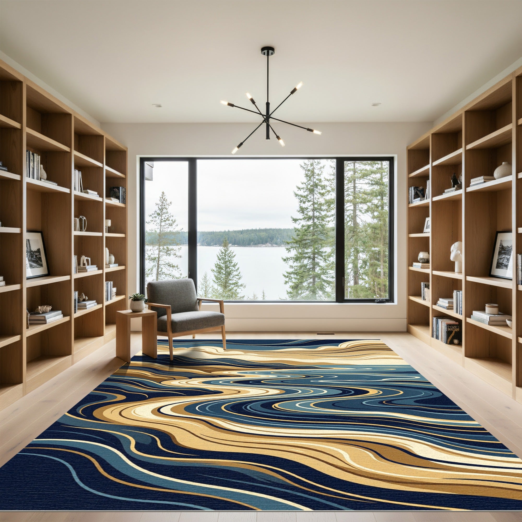 Abstract Blue Gold Wavy Coastal Landscape Rug