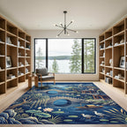 Serene Blue Landscape Willow Pagoda Bridge Rug