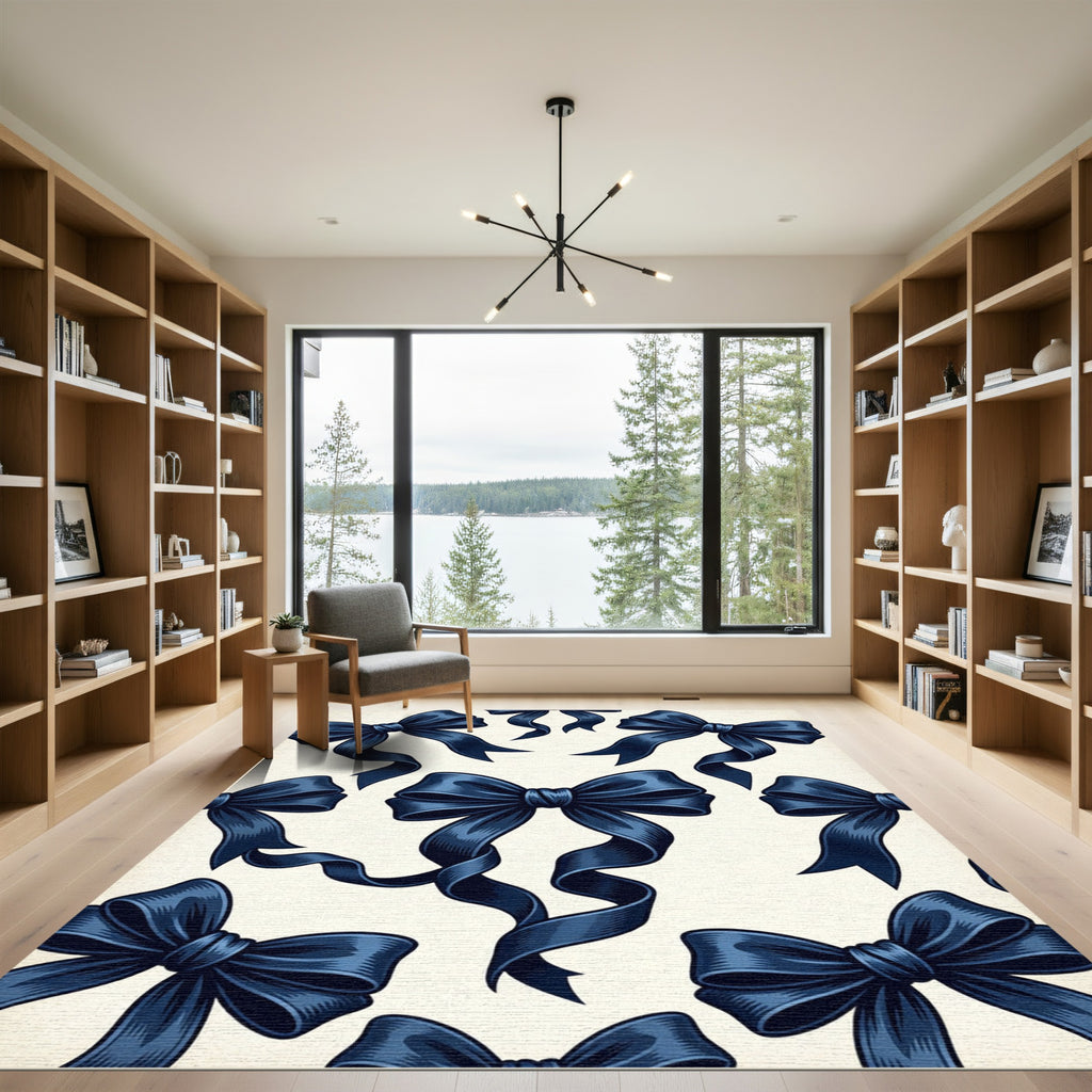 Navy Blue Elegant Ribbon Bows Rug