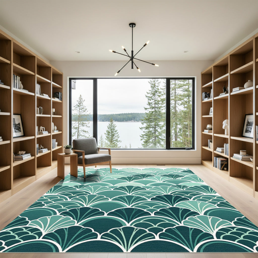 Teal Art Deco Fan Scale Arch Rug