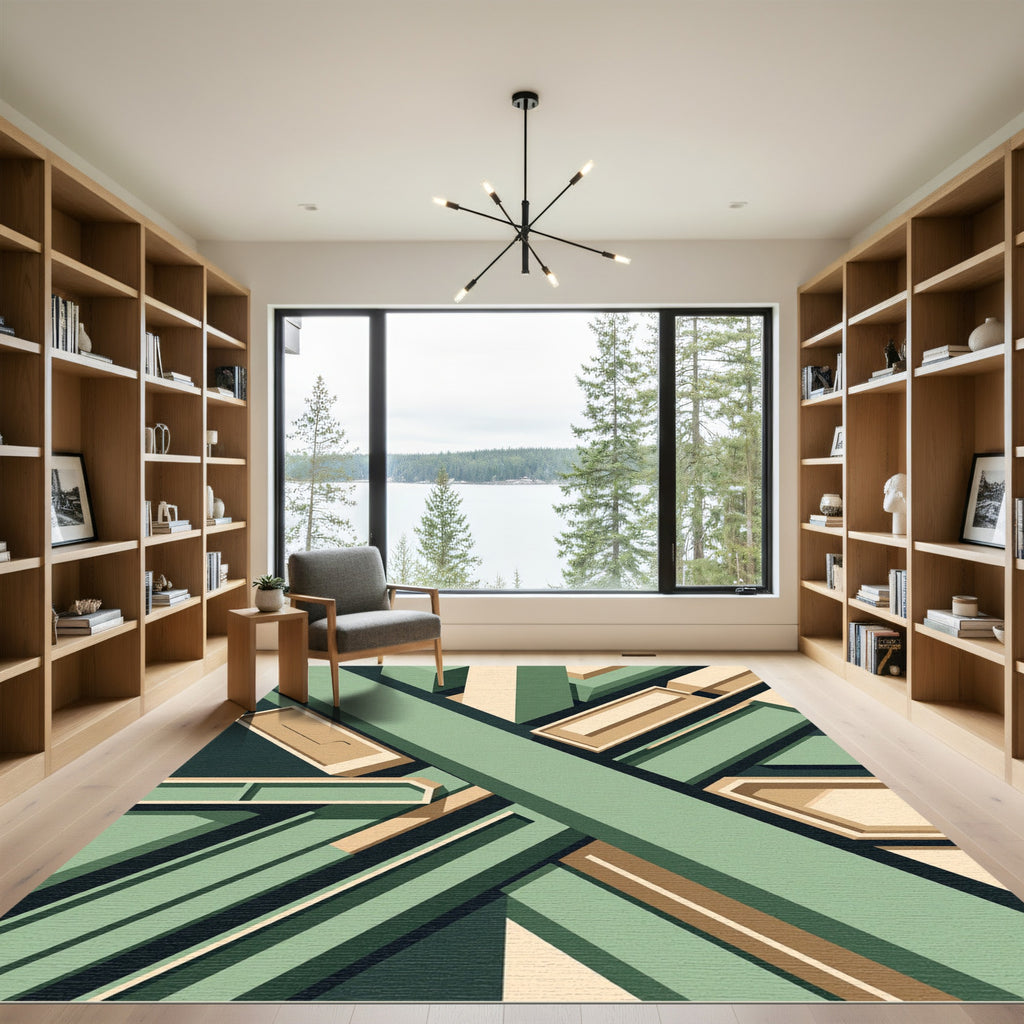 Geometric Sage and Cream Architectural Abstract Rug