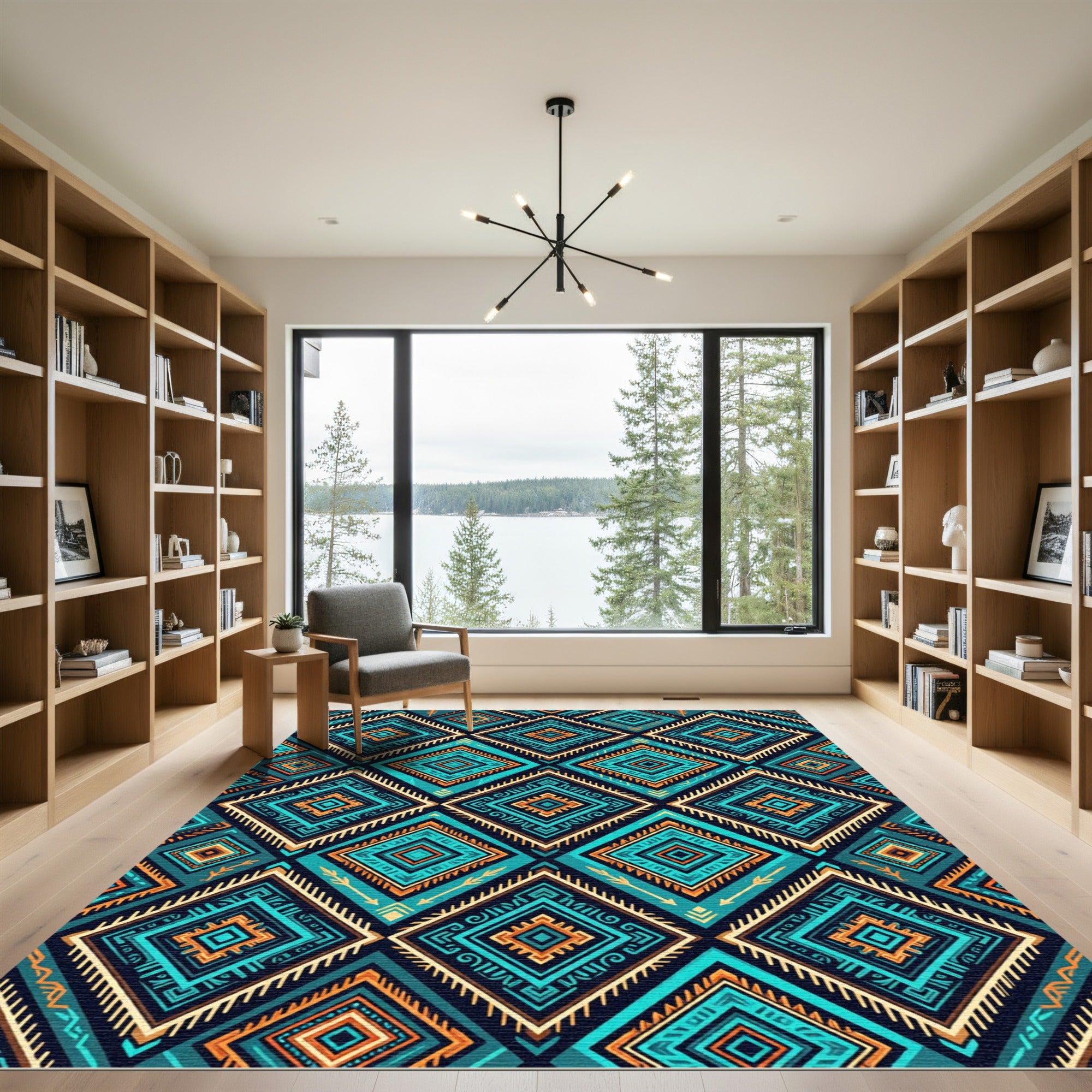 Vibrant Teal and Orange Geometric Diamond Rug