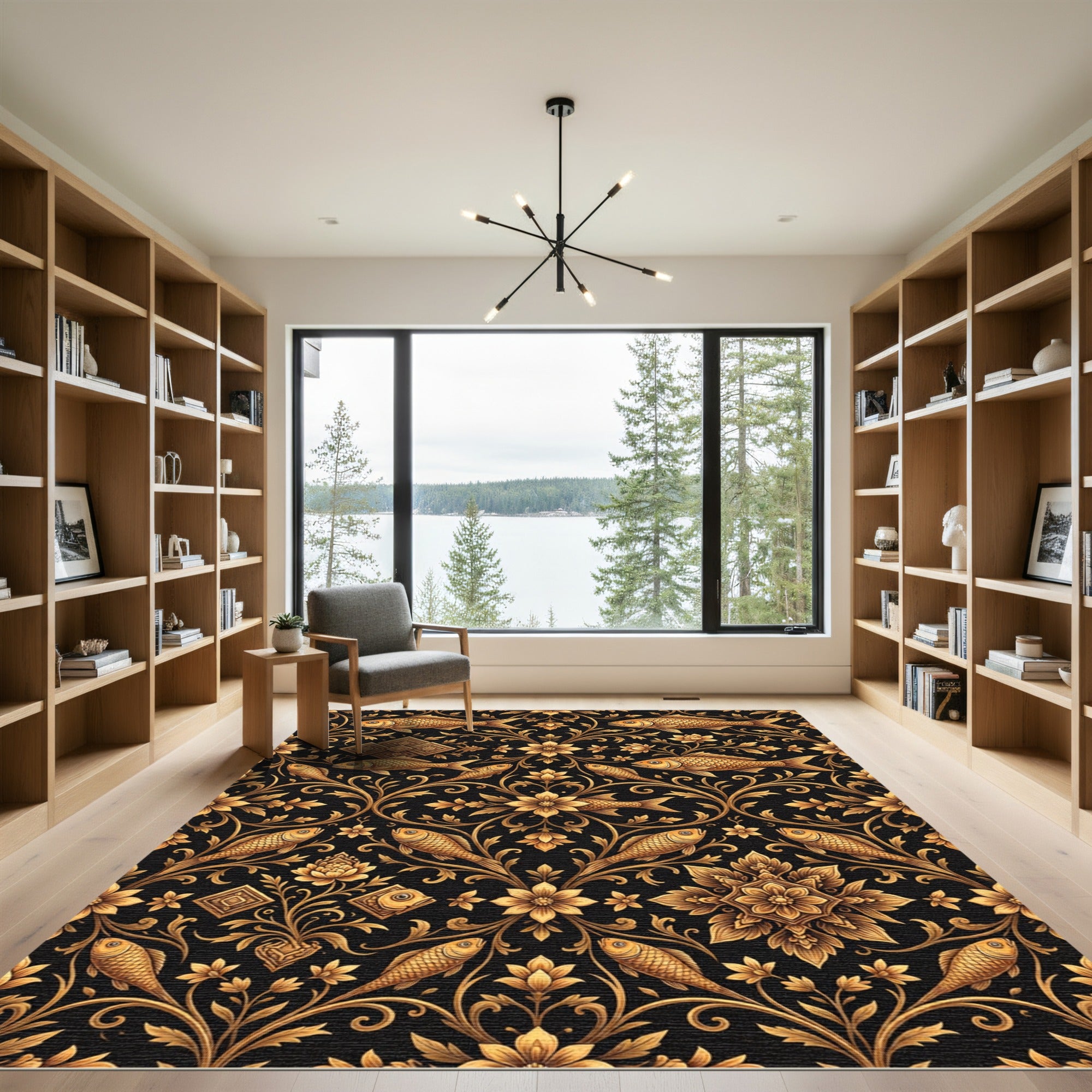 Elegant Gold Fish Floral Scroll Rug