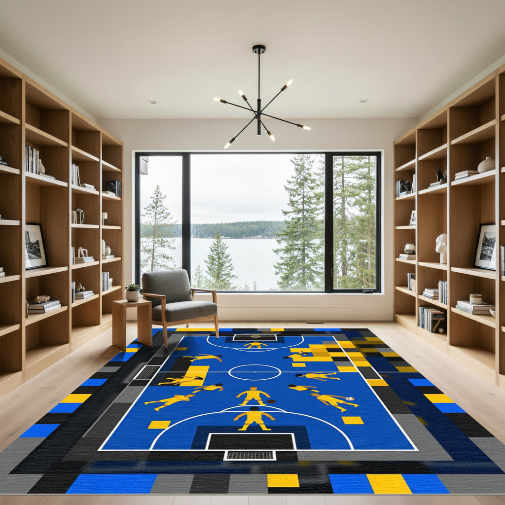 Abstract Blue Yellow Pixelated Soccer Field Rug