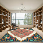 Coral Navy Floral Medallion Frame Rug
