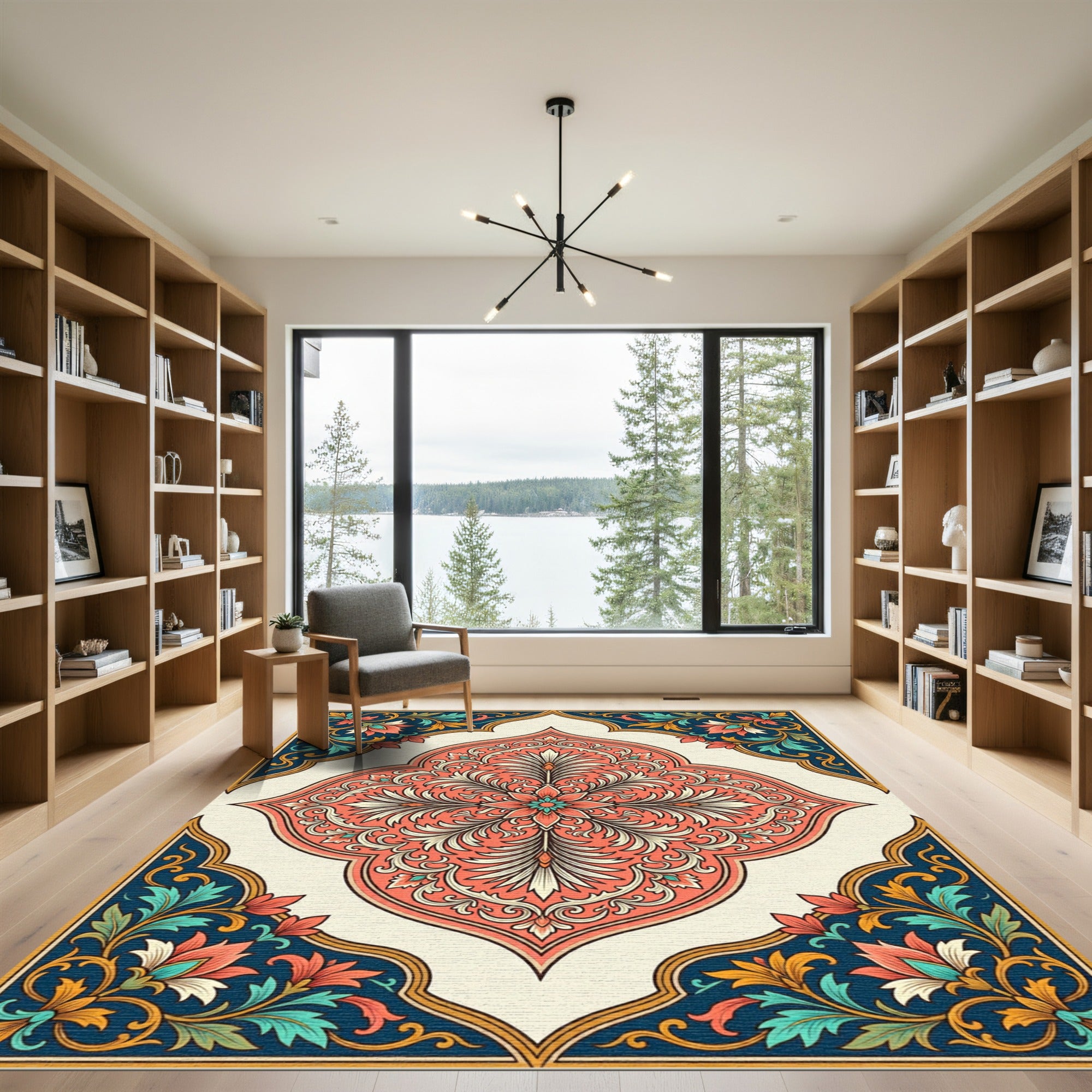 Coral Navy Floral Medallion Frame Rug