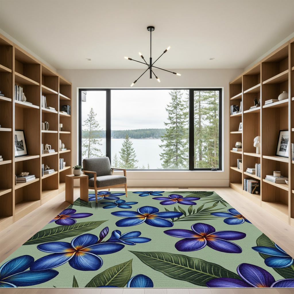 Vibrant Blue Frangipani Tropical Foliage Rug