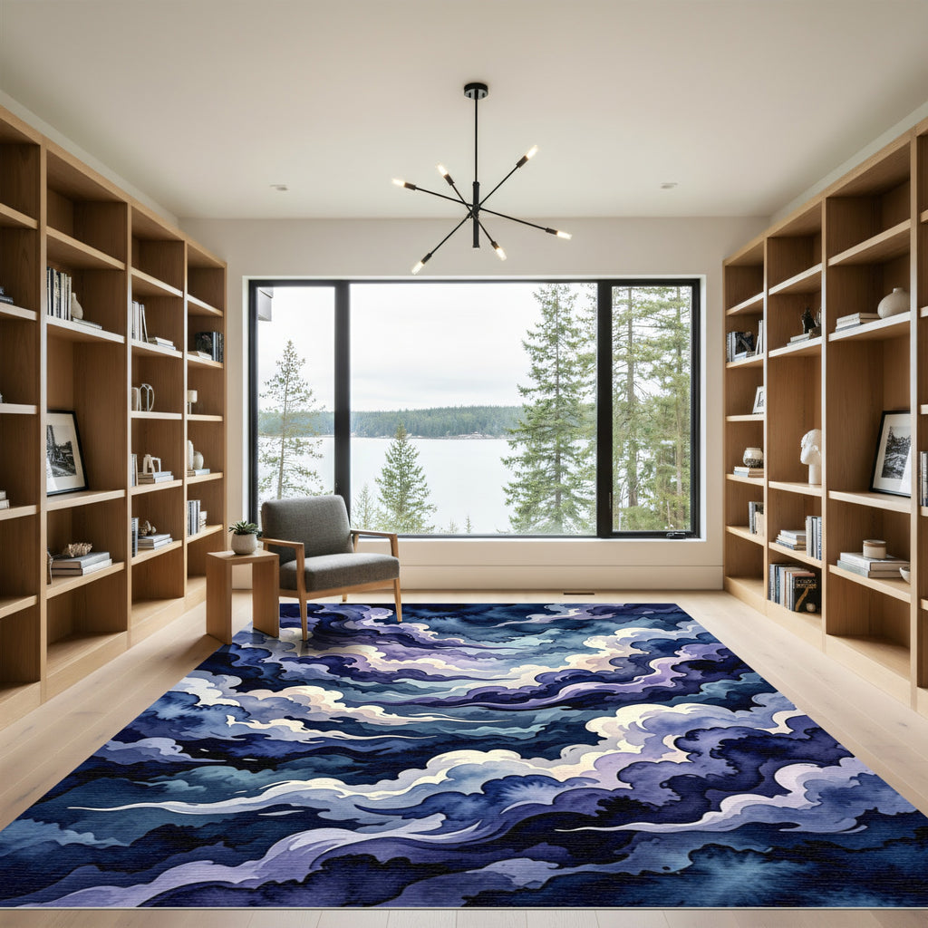 Dramatic Indigo Swirling Cloudscape Rug