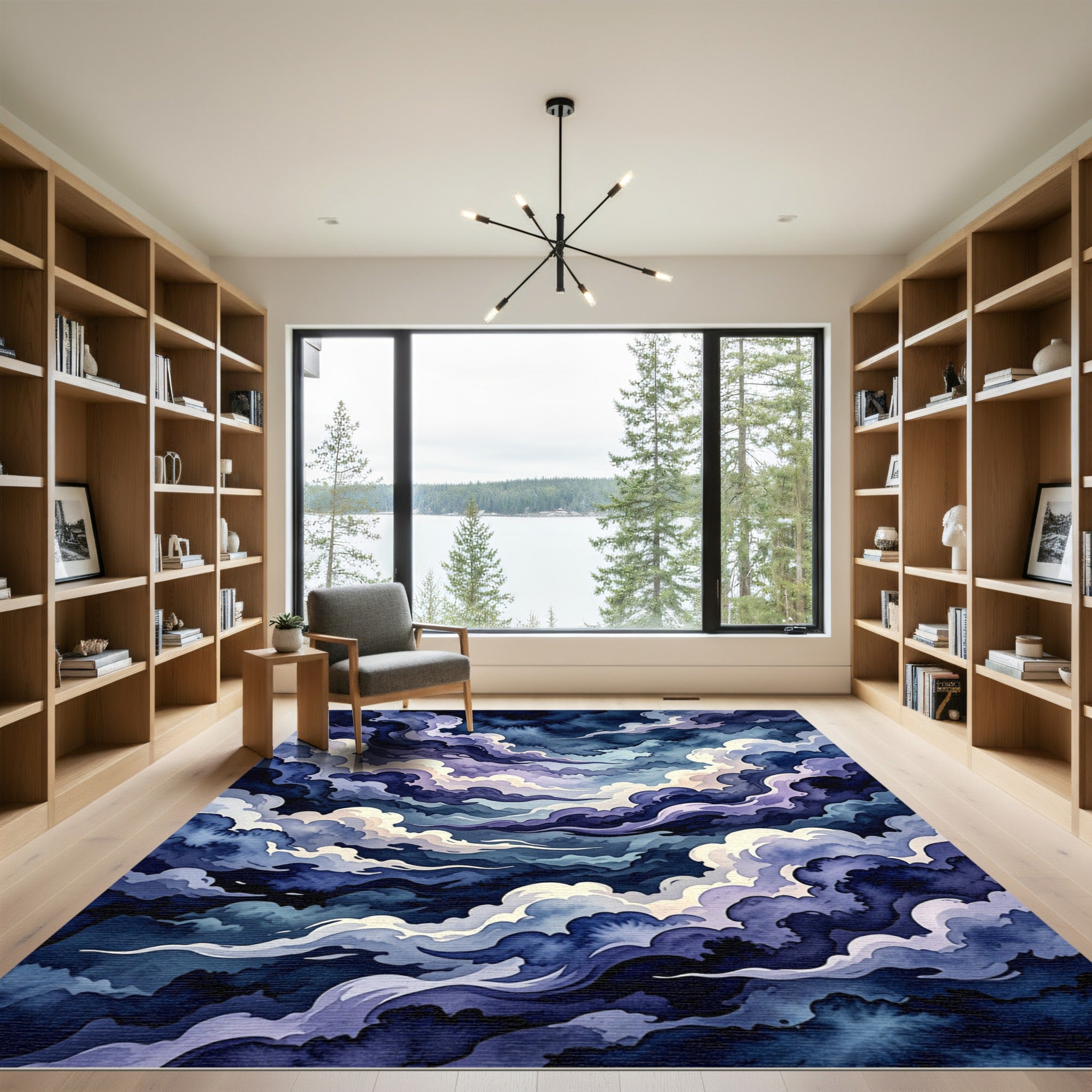 Dramatic Indigo Swirling Cloudscape Rug