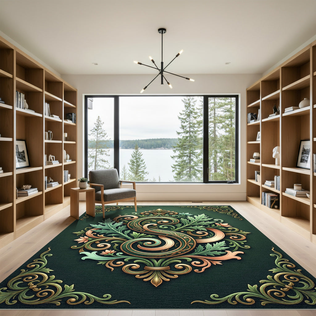 Ornate Sage Floral Scroll Monogram Rug