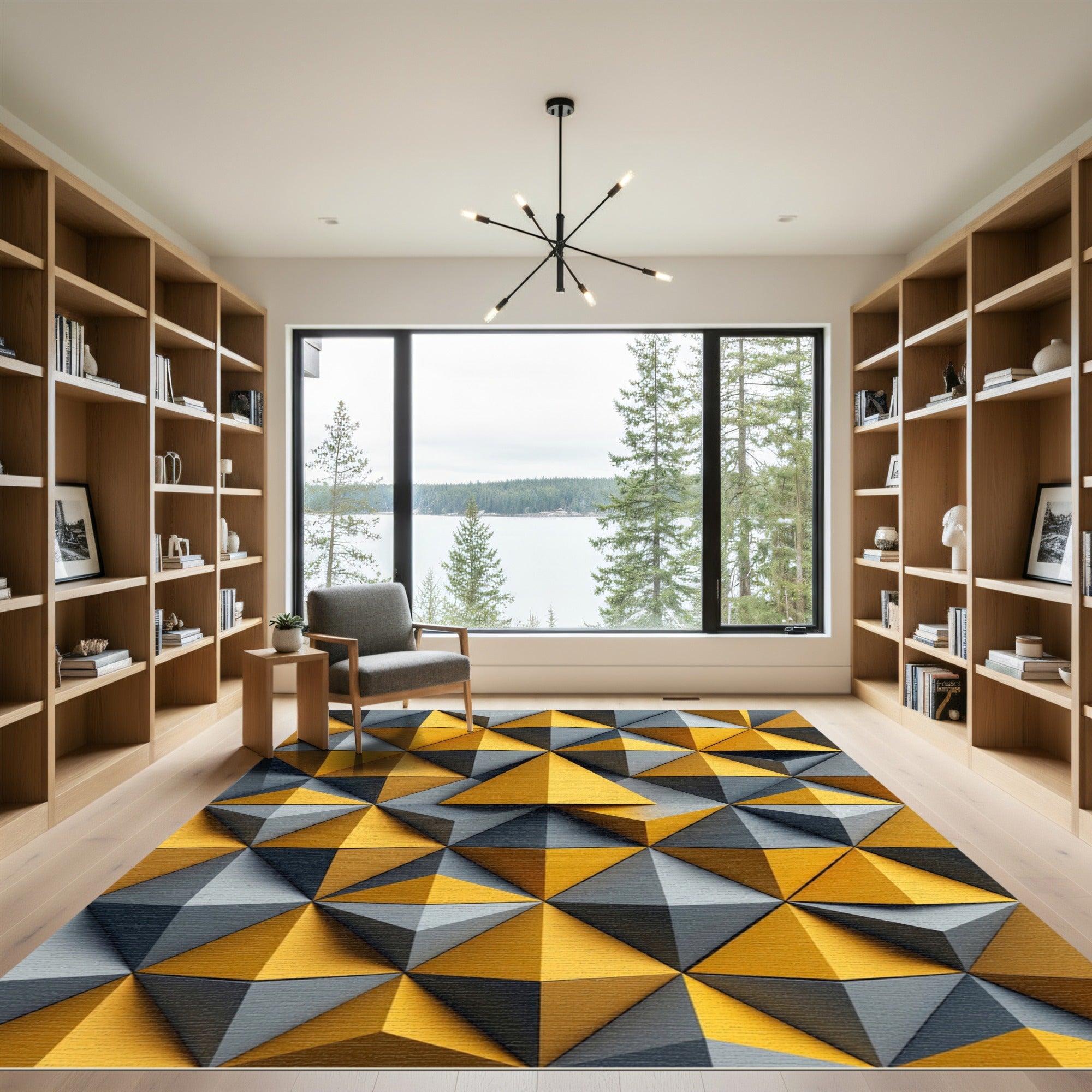 Golden Gray Geometric Prism Rug